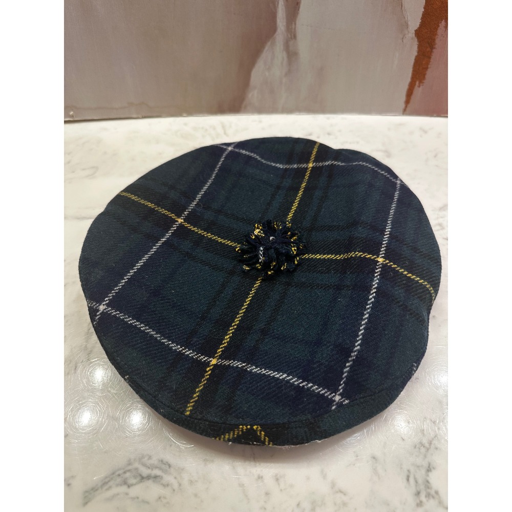 Vintage Tartan Plaid Beret / Tam Made in England Wool Burgundy Satin Lined